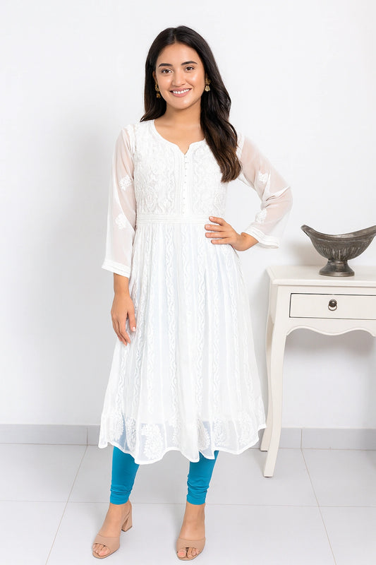 Lucknow Fashion Diary Hand Embroidered Lucknowi Chikankari Women's White Georgette Anarkali