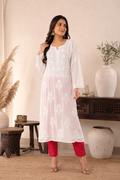 Lucknow Fashion Diary Hand Embroidered Lucknowi Chikankari Women's White Modal Kurti