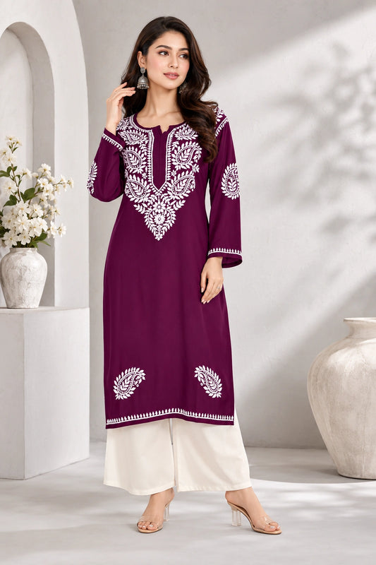 Lucknow Fashion Diary Hand Embroidered Lucknowi Chikankari Women's Wine Rayon Kurti