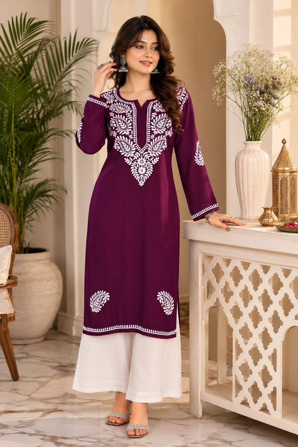 Woman wearing a purple and white embroidered outfit in an elegant indoor setting.
