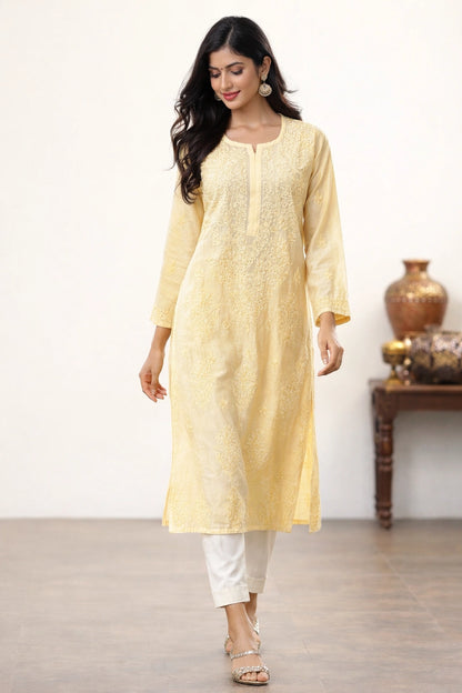 Lucknow Fashion Diary Hand Embroidered Lucknowi Chikankari Women's Yellow Chanderi Kurti