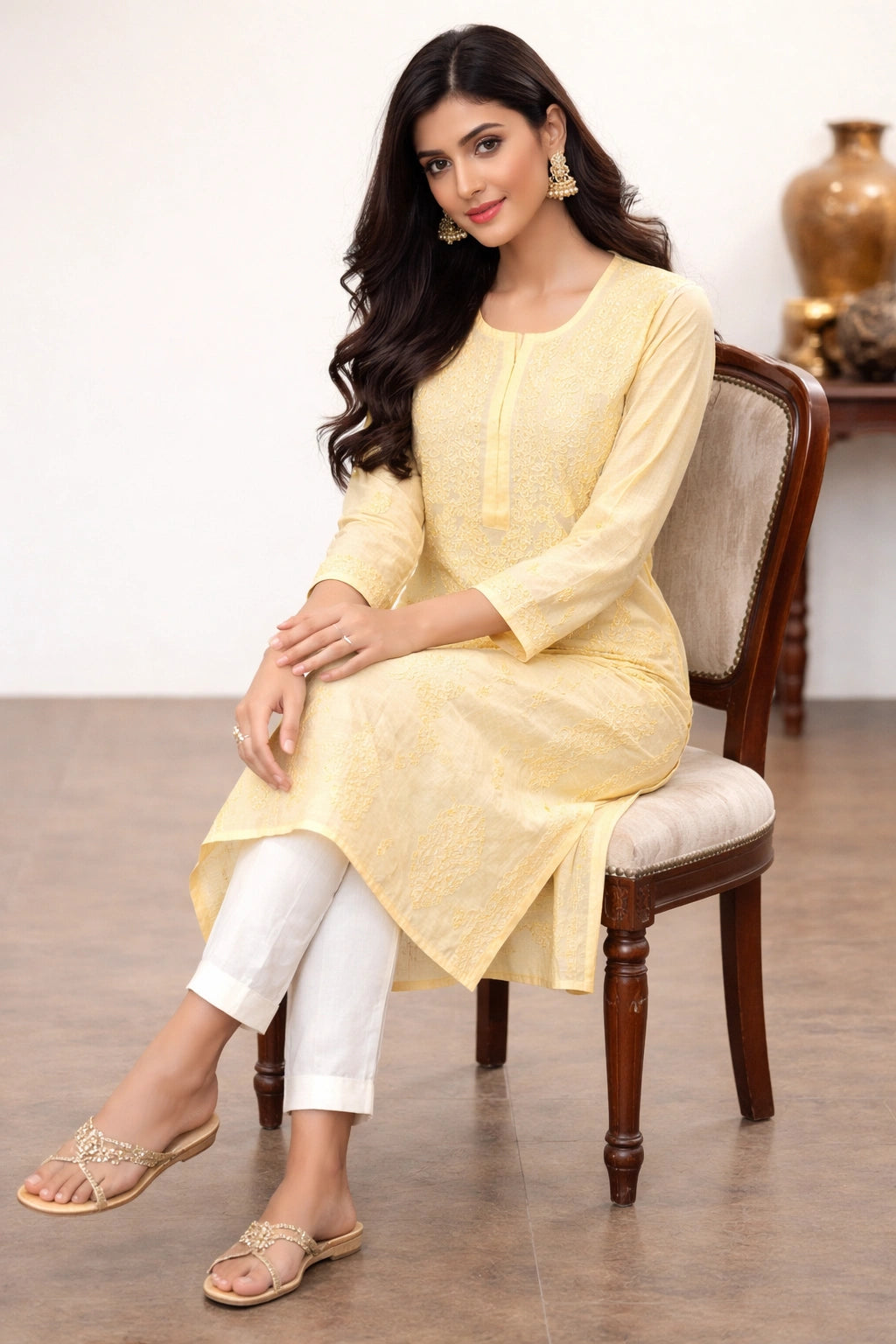 lucknowi chikankari Woman in a yellow kurta sitting on a wooden chair indoors.