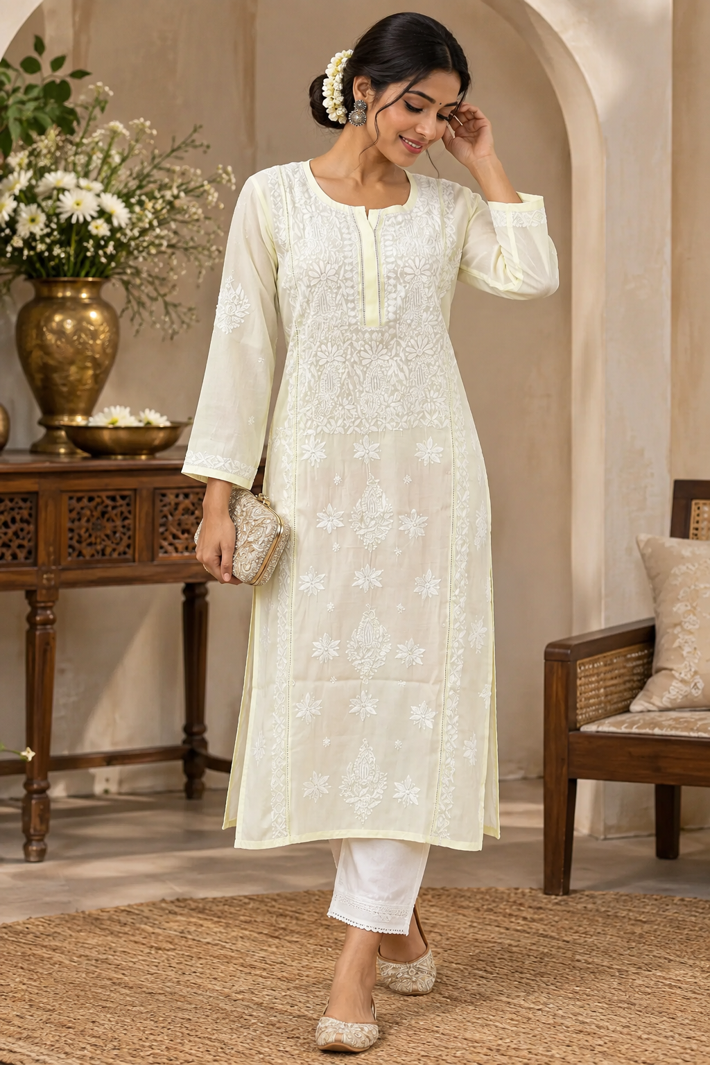 Lucknow Fashion Diary Hand Embroidered Lucknowi Chikankari Women's Lemon Yellow crape Kurti