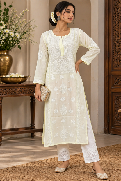 A woman models a traditional Indian outfit consisting of a cream-colored embroidered kurta, matching embroidered trousers, and a small clutch, set against an elegant indoor background with wooden furniture and a floral arrangement.