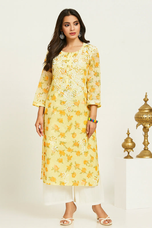 Lucknow Fashion Diary Hand Embroidered Lucknowi Chikankari Women's Yellow Faux Kota Kurti