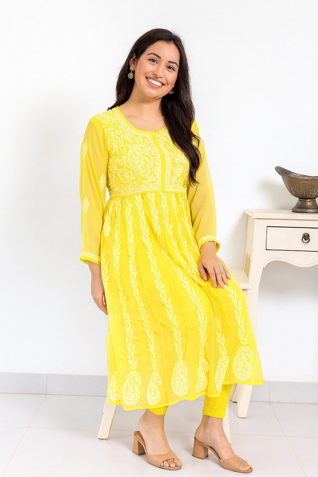 Lucknow Fashion Diary Hand Embroidered Lucknowi Chikankari Women's Yellow Georgette Anarkali