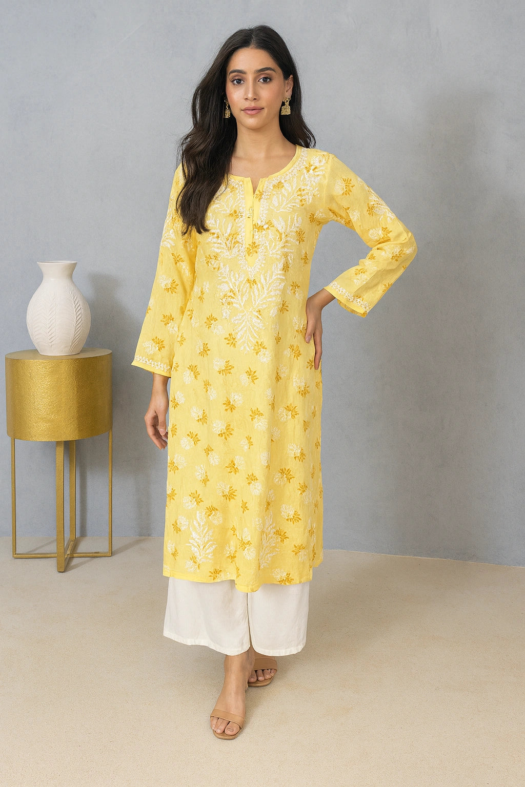 Lucknow Fashion Diary Hand Embroidered Lucknowi Chikankari Women's Yellow Printed Rayon Kurti