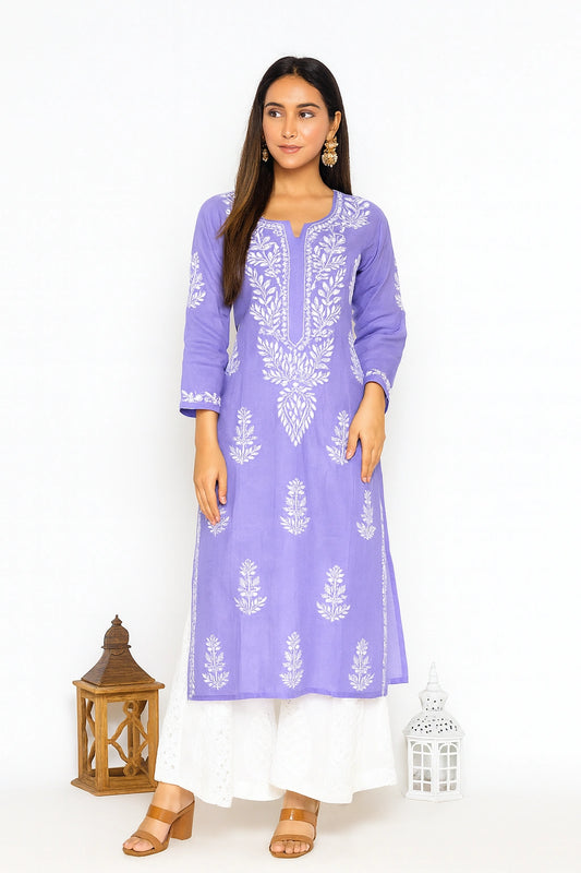 Lucknow Fashion Diary Hand Embroidered Lucknowi Chikankari Women's Cotton Purple Kurti