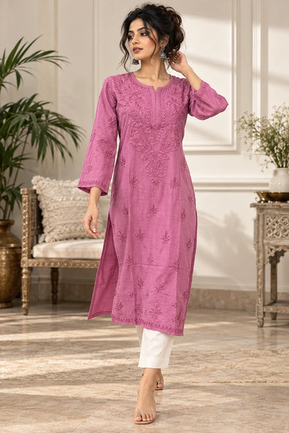 Lucknow Fashion Diary Hand Embroidered Lucknowi Chikankari Women's Onion Pink Dobby Cotton Kurta