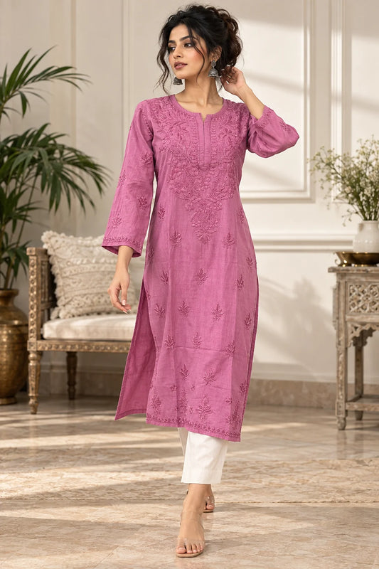 Lucknow Fashion Diary Hand Embroidered Lucknowi Chikankari Women's Onion Pink Dobby Cotton Kurta