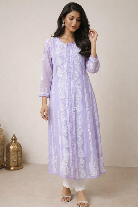 Lucknow Fashion Diary Hand Embroidered Lucknowi Chikankari Women's Purple Georgette Anarkali 