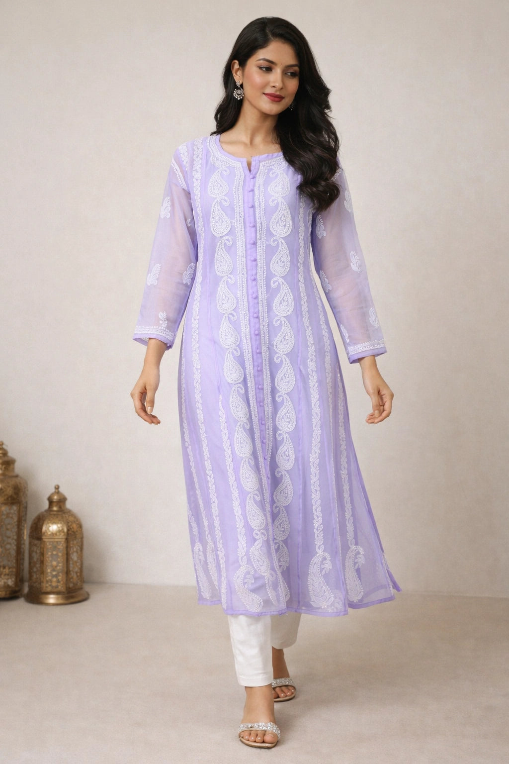Woman wearing a light purple embroidered kurta with white pants against a neutral background