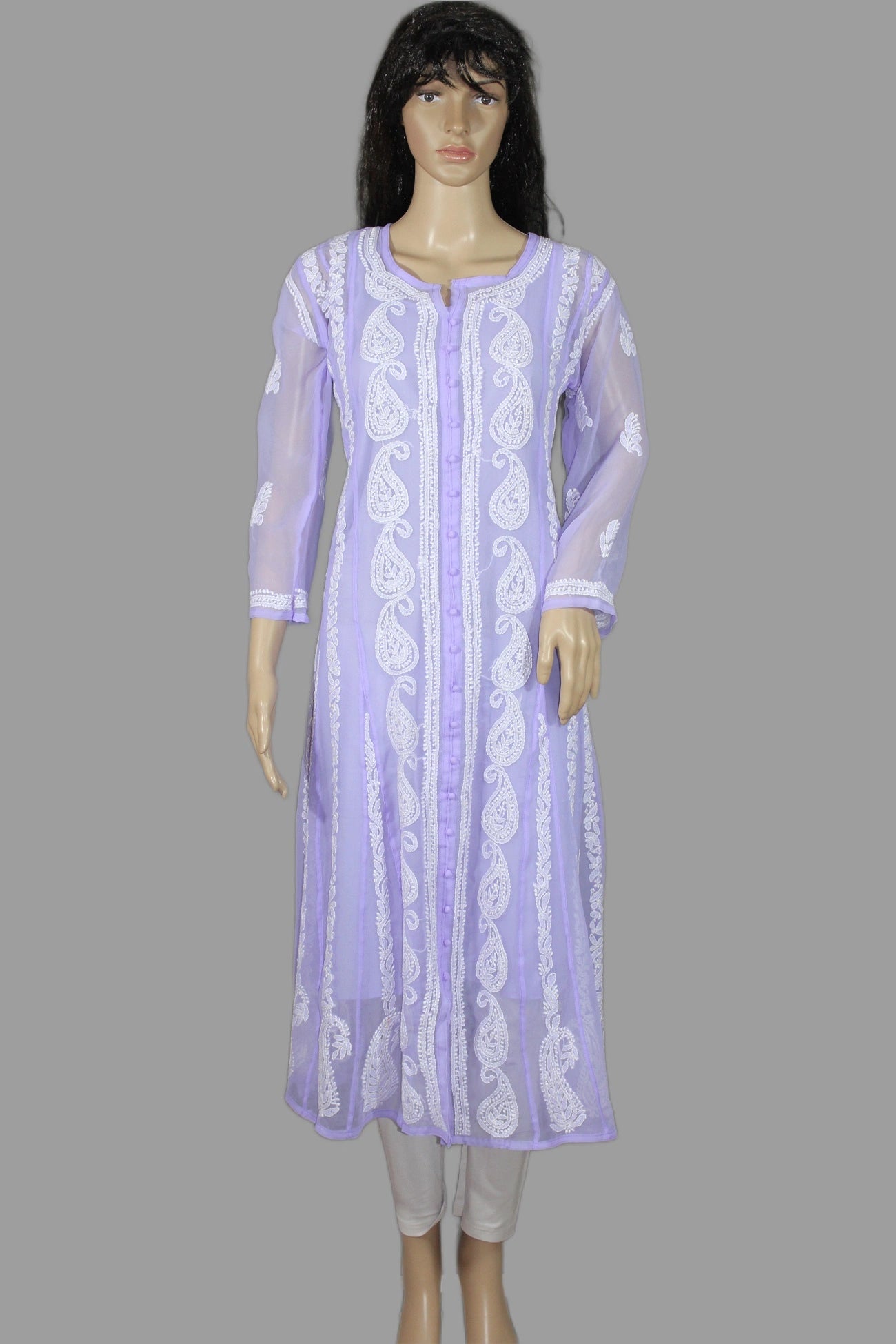 lucknowi chikankari Lavender dress with white lace details on a gray background