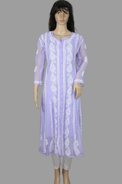 lucknowi chikankari Lavender dress with white lace details on a gray background