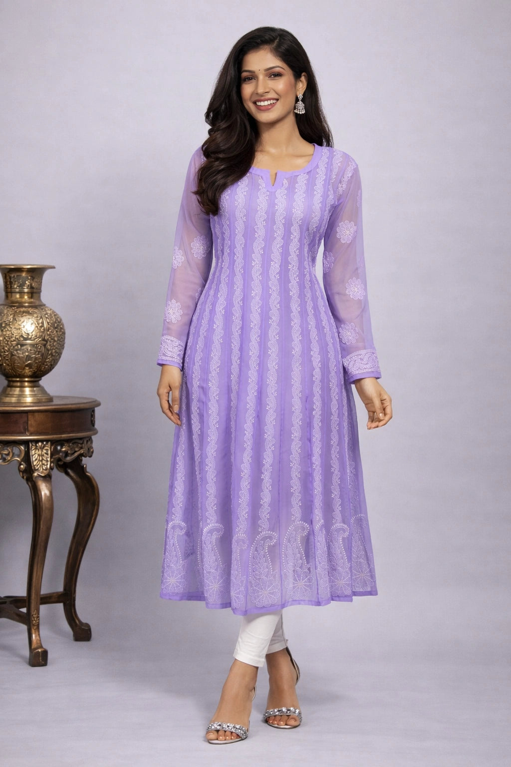 Lucknow Fashion Diary Hand Embroidered Lucknowi Chikankari Women's Purple Georgette Anarkali 