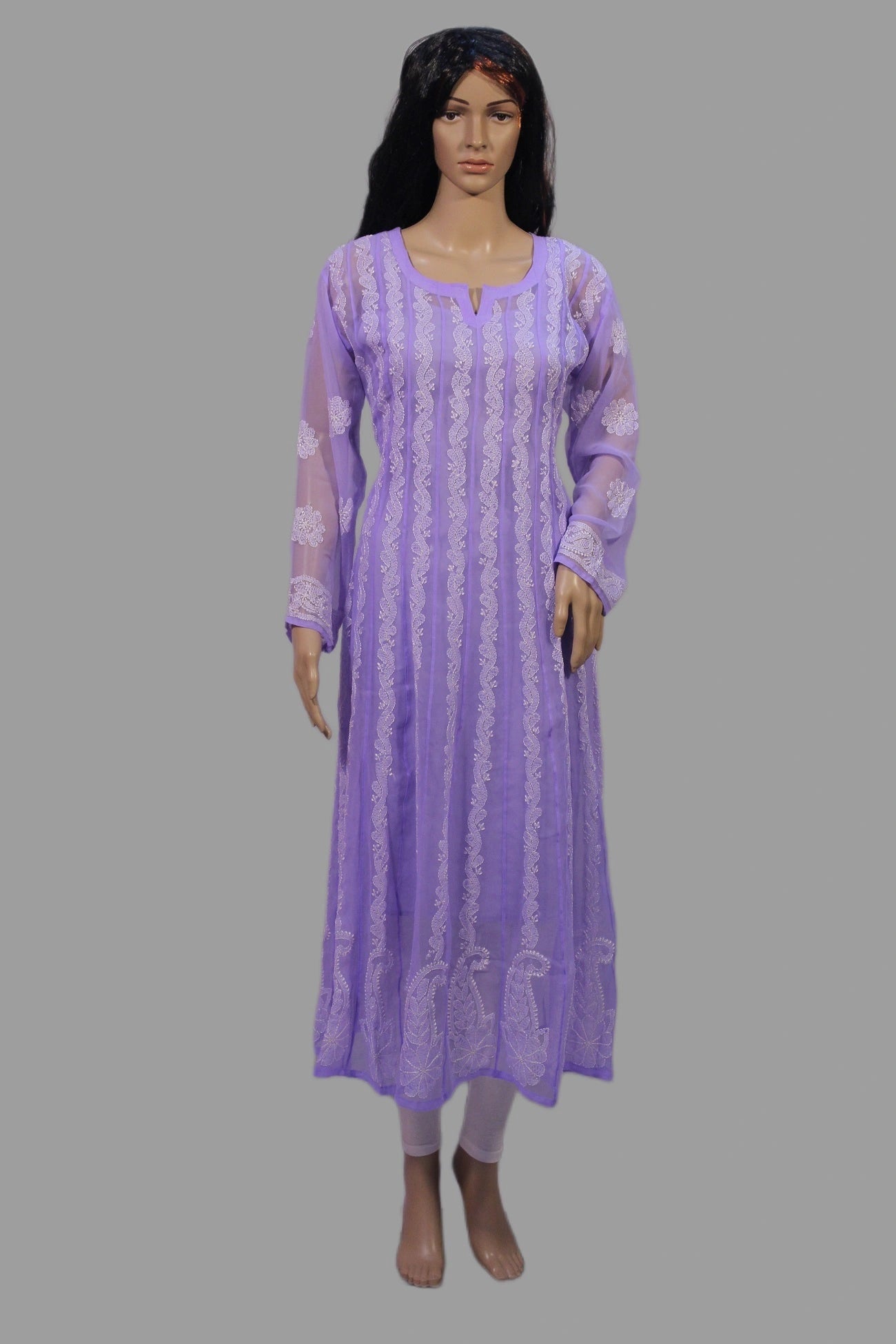 Mannequin wearing a purple embroidered kurta on a gray background