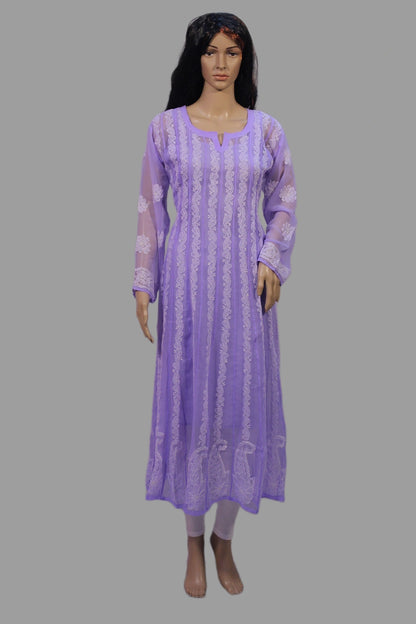 Mannequin wearing a purple embroidered kurta on a gray background