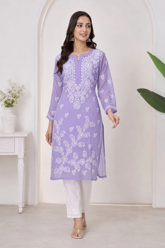 Lucknow Fashion Diary Hand Embroidered Lucknowi Chikankari Women's Purple Georgette Kurti