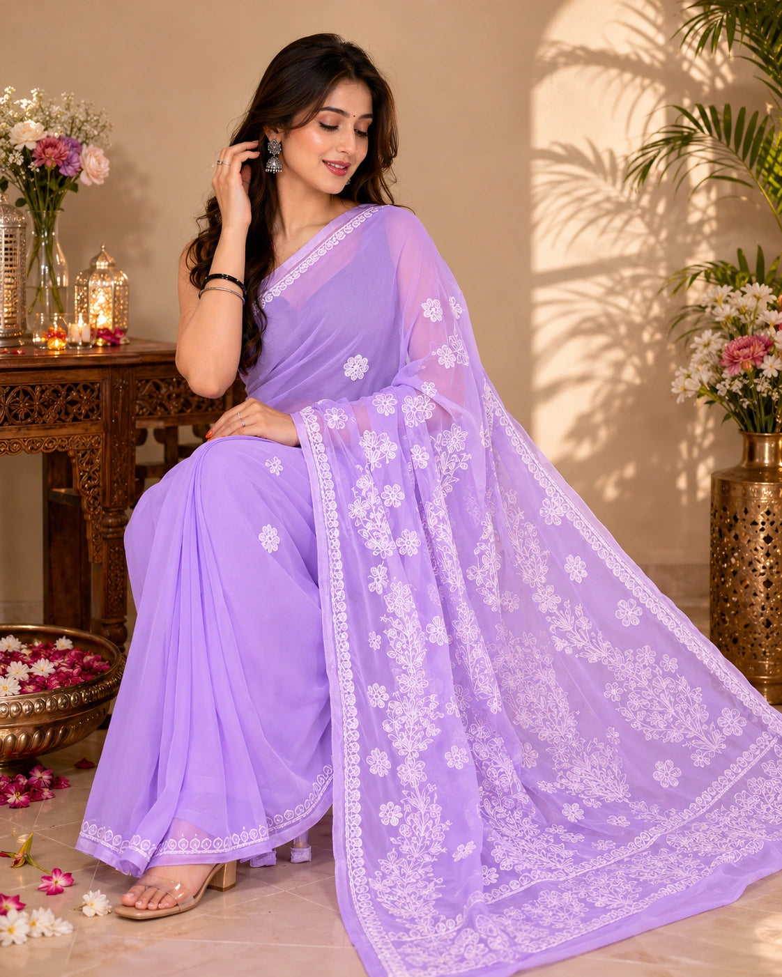A woman modeling a lavender purple saree with intricate white floral embroidery, set against a solid dark gray background.