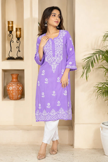 Lucknow Fashion Diary Hand Embroidered Lucknowi Chikankari Women's Purple Modal Kurti
