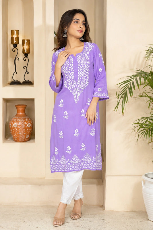Lucknow Fashion Diary Hand Embroidered Lucknowi Chikankari Women's Purple Modal Kurti
