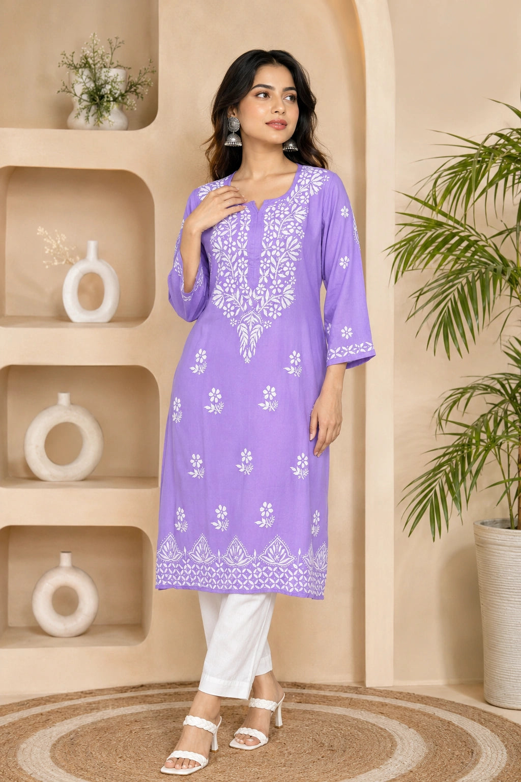 Woman wearing a purple embroidered kurta with white pants in a decorated room.