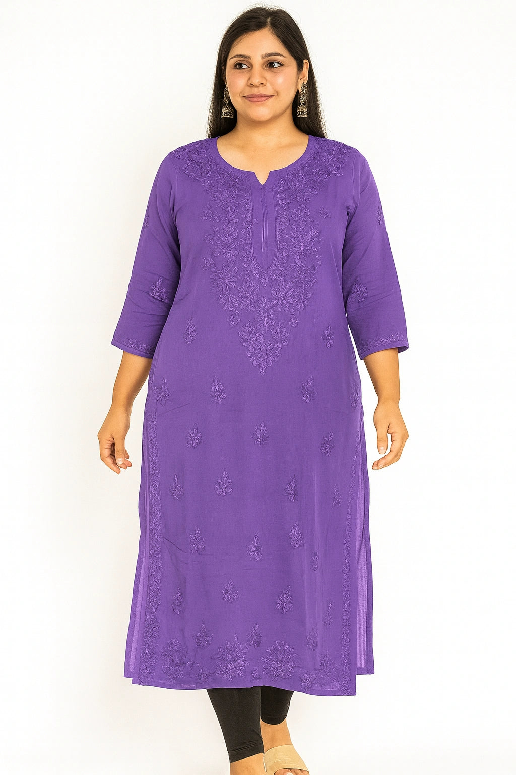 Lucknow Fashion Diary Hand Embroidered Lucknowi Chikankari Women's Purple Modal Kurti