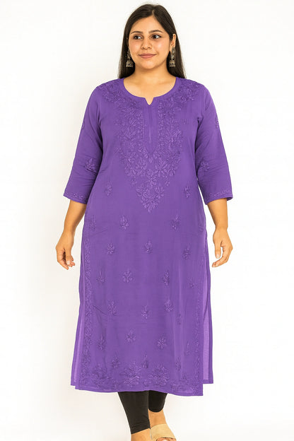 Lucknow Fashion Diary Hand Embroidered Lucknowi Chikankari Women's Purple Modal Kurti