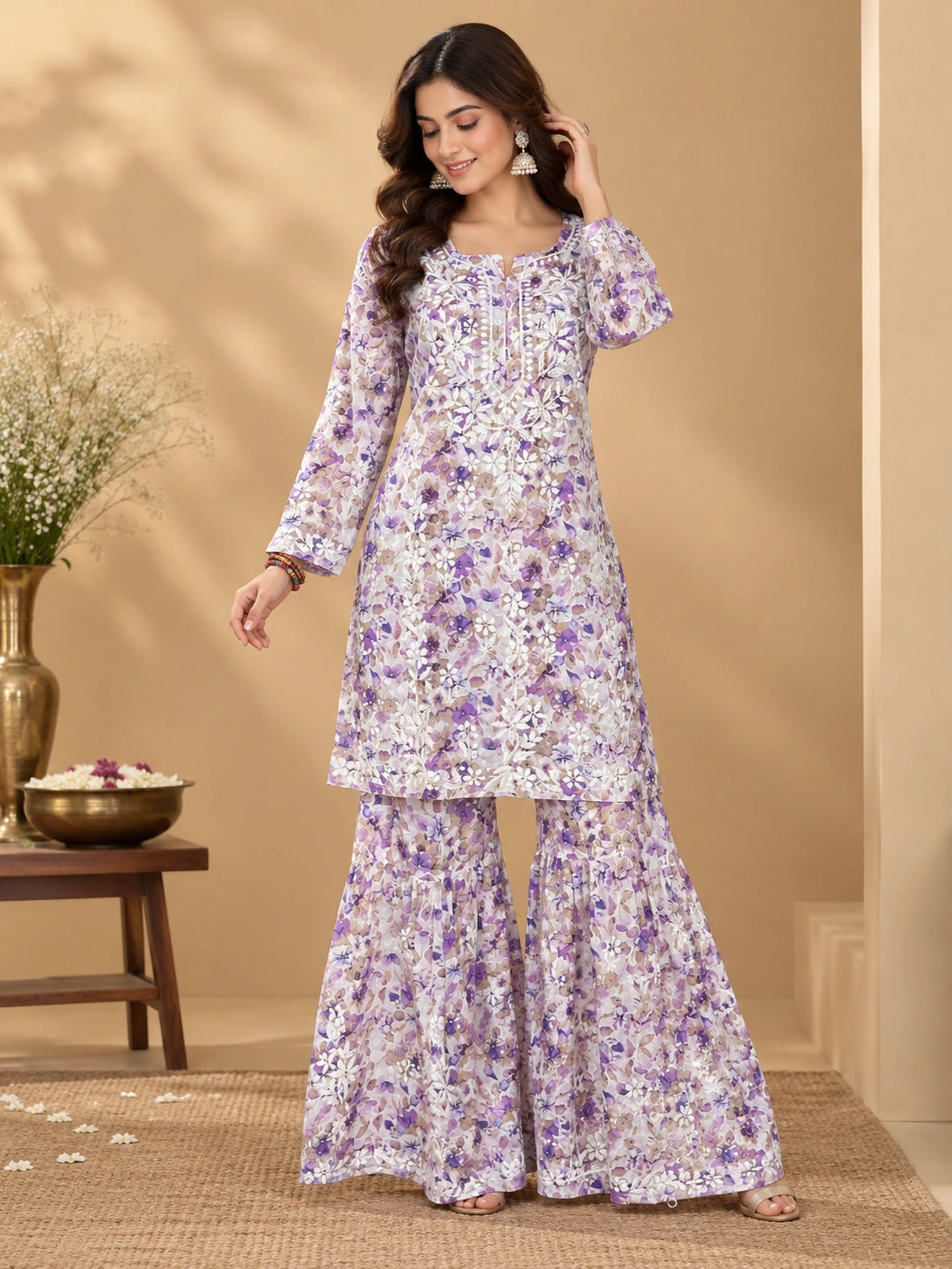 Lucknow Fashion Diary Hand Embroidered Lucknowi Chikankari Women's Purple Cotton printed Kurta Bottom