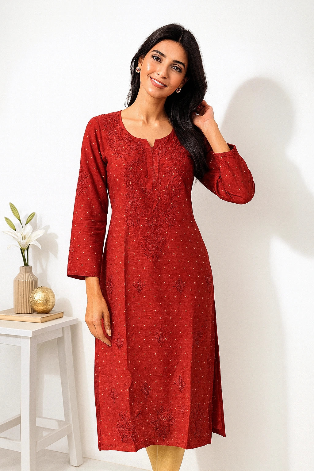 Lucknow Fashion Diary Hand Embroidered Lucknowi Chikankari Women's Red Chanderi Kurti