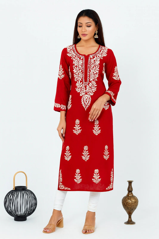 Lucknow Fashion Diary Hand Embroidered Lucknowi Chikankari Women's Red Cotton Kurti