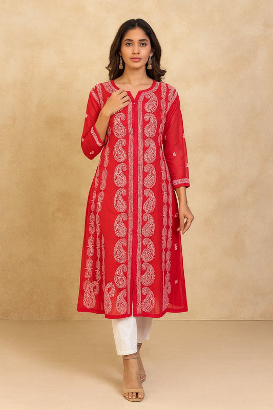 Lucknow Fashion Diary Hand Embroidered Lucknowi Chikankari Women's Red Georgette Anarkali