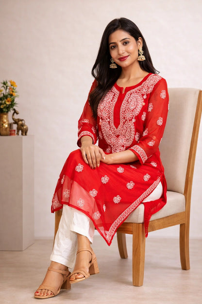 Lucknow Fashion Diary Hand Embroidered Lucknowi Chikankari Women's Red Georgette Kurti