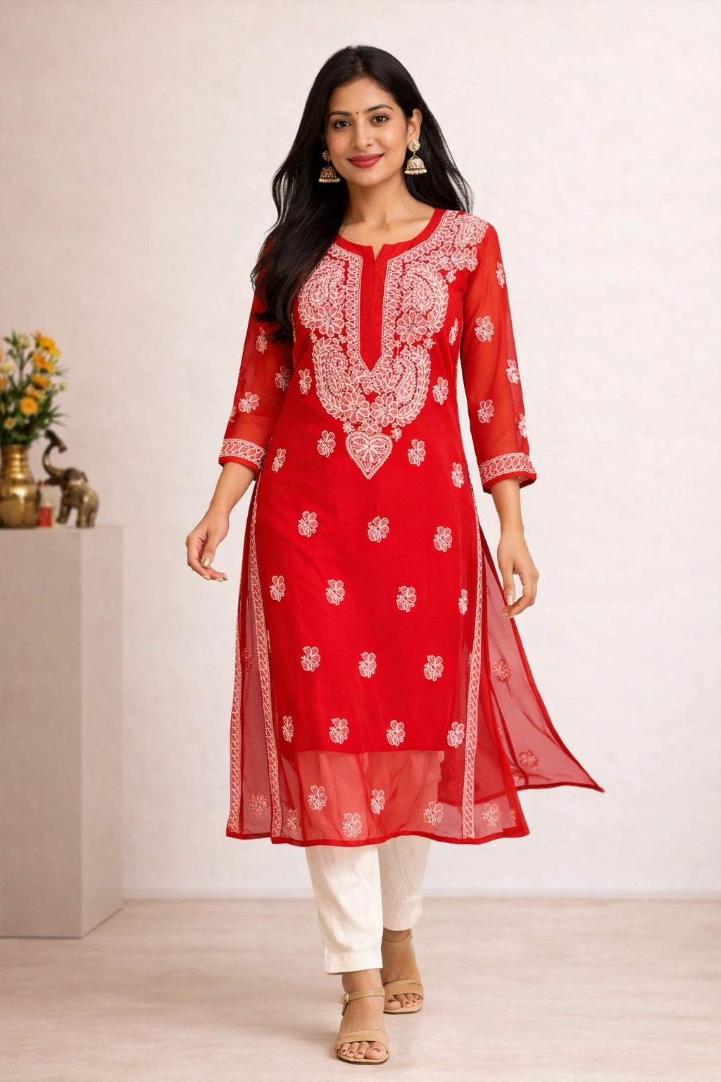 A woman modeling a red kurta set with white embroidery, paired with white pants, in a clean indoor setting.
