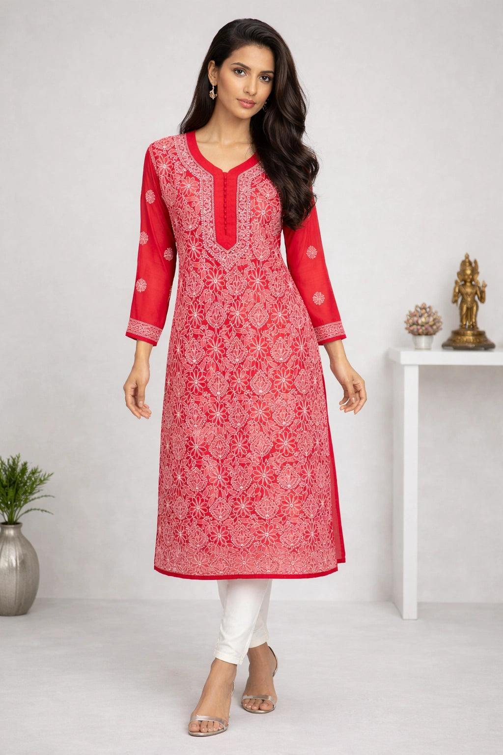 Lucknow Fashion Diary Hand Embroidered Lucknowi Chikankari Women's Red Georgette Kurti