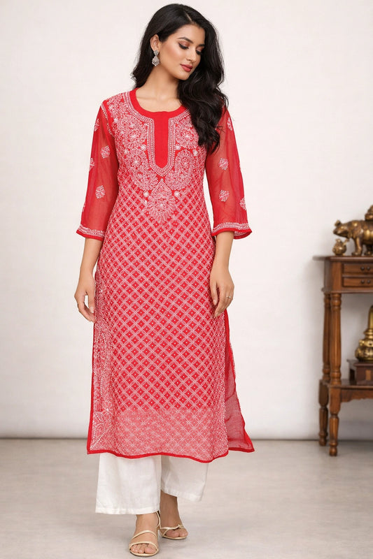 Lucknow Fashion Diary Hand Embroidered Lucknowi Chikankari Women's Red Georgette Kurti