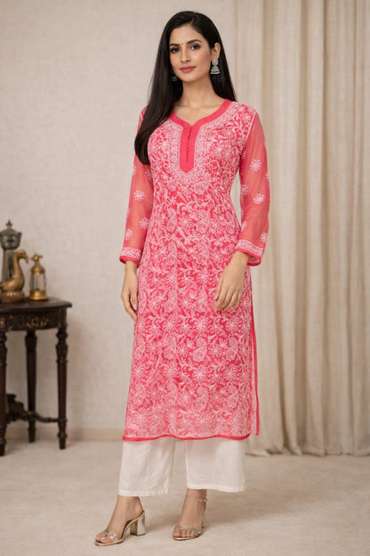 Lucknow Fashion Diary Hand Embroidered Lucknowi Chikankari Women's Red Georgette Kurti