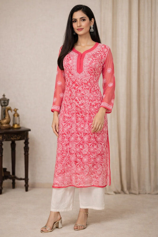 Lucknow Fashion Diary Hand Embroidered Lucknowi Chikankari Women's Red Georgette Kurti
