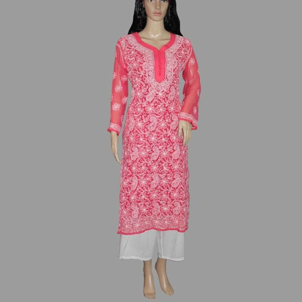 Mannequin wearing a pink embroidered kurta with white pants on a gray background