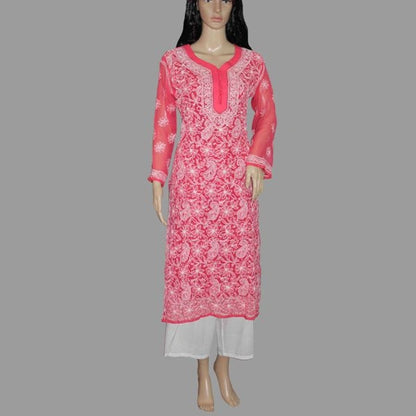 Mannequin wearing a pink embroidered kurta with white pants on a gray background