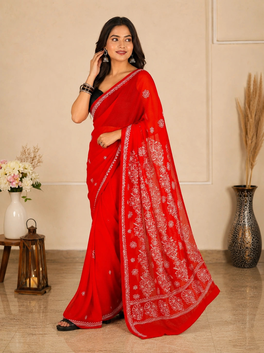 Lucknow Fashion Diary Hand Embroidered Lucknowi Chikankari Women's Red Georgette Saree With Blouse