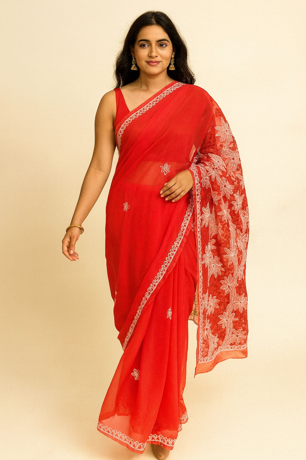 Lucknow Fashion Diary Hand Embroidered Lucknowi Chikankari Women's Red Georgette Saree With Blouse
