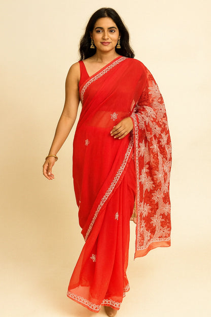 Lucknow Fashion Diary Hand Embroidered Lucknowi Chikankari Women's Red Georgette Saree With Blouse