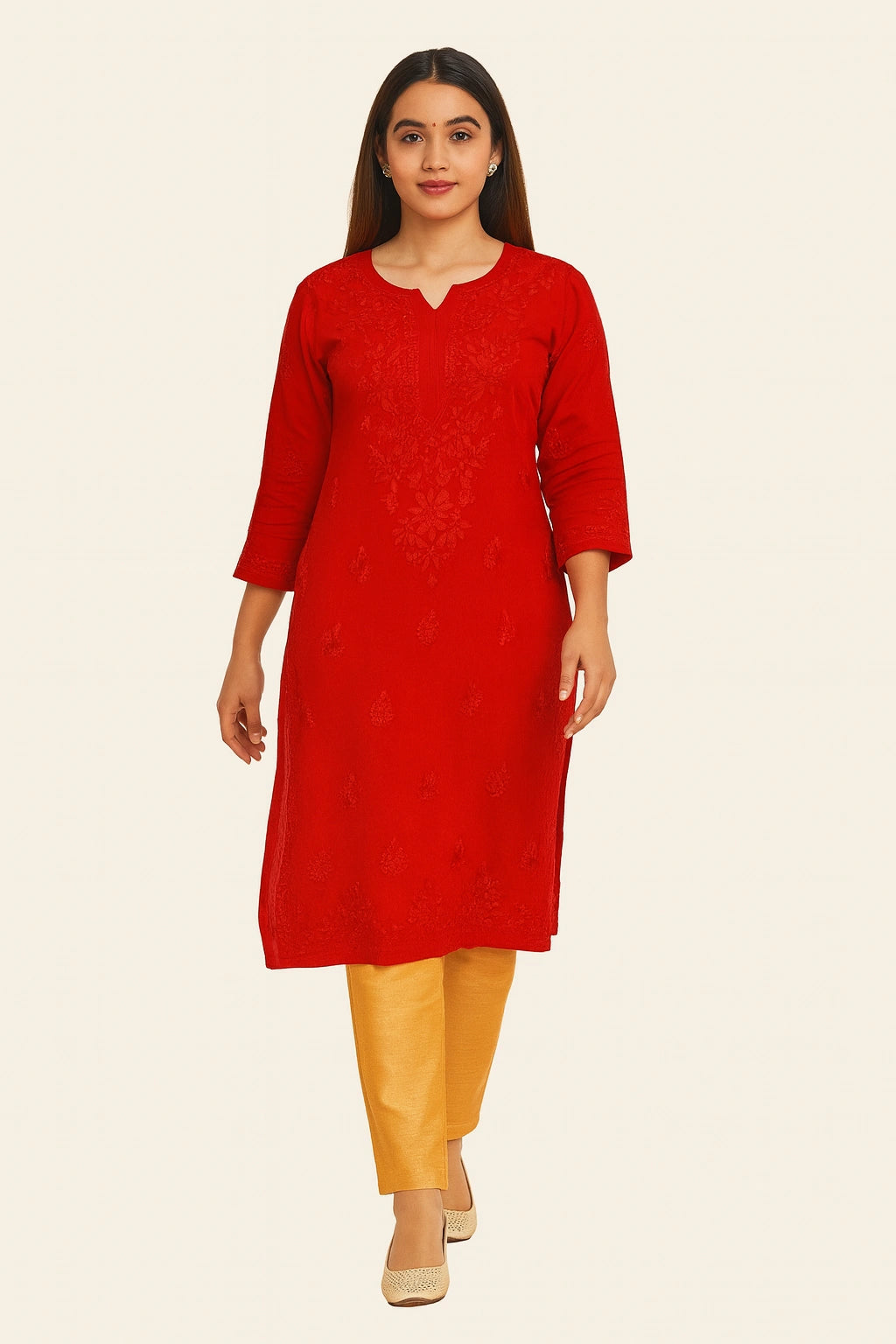Lucknow Fashion Diary Hand Embroidered Lucknowi Chikankari Women's Red Modal Kurti