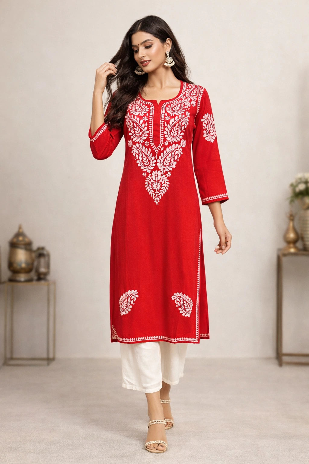 Lucknow Fashion Diary Hand Embroidered Lucknowi Chikankari Women's Red Rayon Kurti