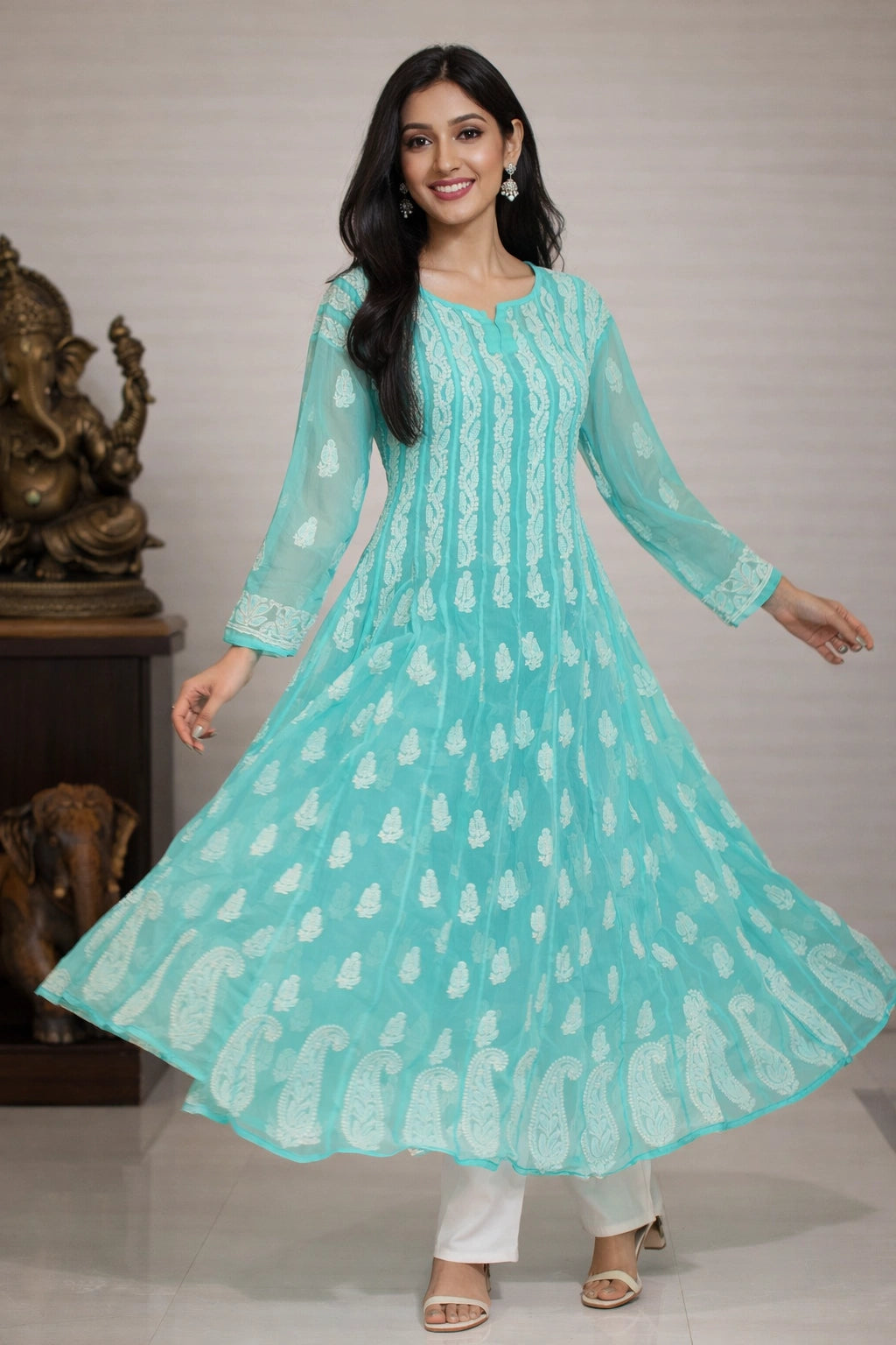 Lucknow Fashion Diary Hand Embroidered Lucknowi Chikankari Women's Green Georgette Anarkali 