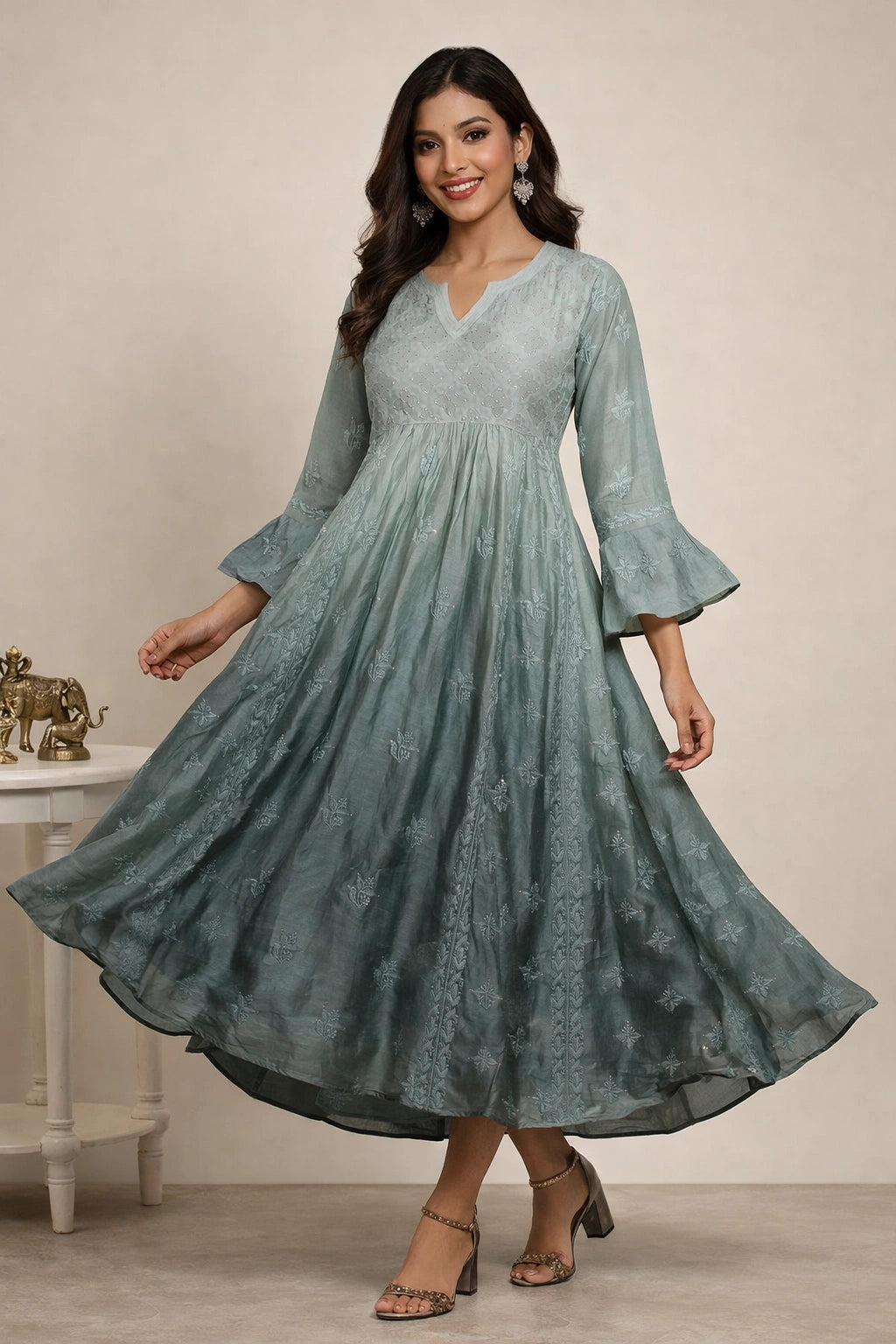 Lucknow Fashion Diary Hand Embroidered Lucknowi Chikankari Women's Shaded Grey Chanderi Short Gown 