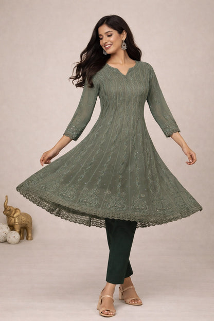 Lucknow Fashion Diary Hand Embroidered Lucknowi Chikankari Women's Shaded Grey Viscose Anarkali 