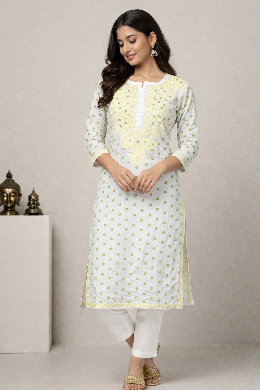 Lucknow Fashion Diary Hand Embroidered Lucknowi Chikankari Women's White Chanderi Kurti