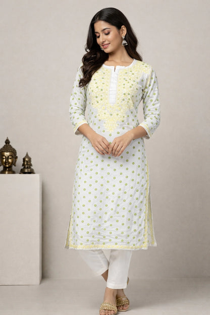 Lucknow Fashion Diary Hand Embroidered Lucknowi Chikankari Women's White Chanderi Kurti